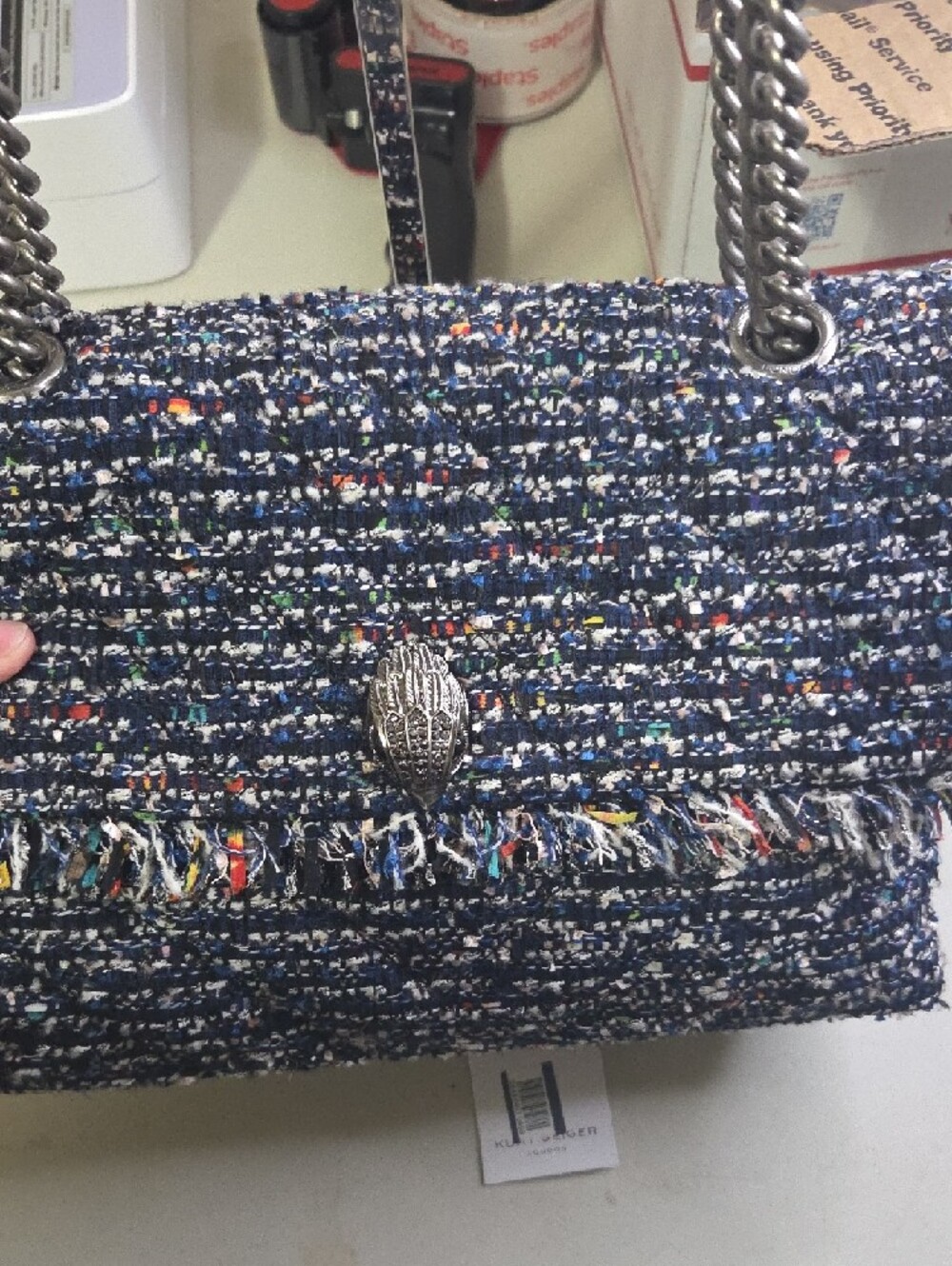 Kurt Geiger Large Kensignton Tweed Chain-Handle Shoulder Bag in Navy Mix - Picture 3 of 10
